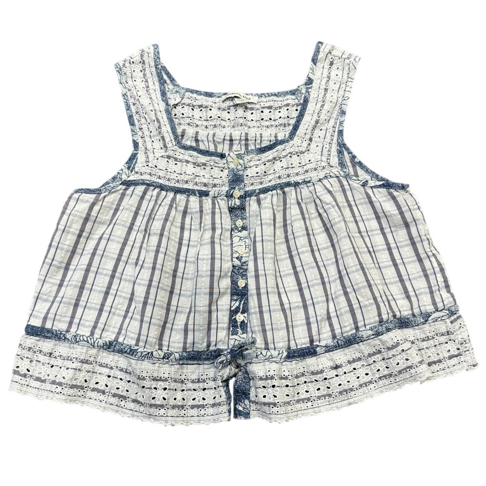 American Eagle Blue White Plaid Eyelet Lace Babydoll Sleeveless Top Kids Medium